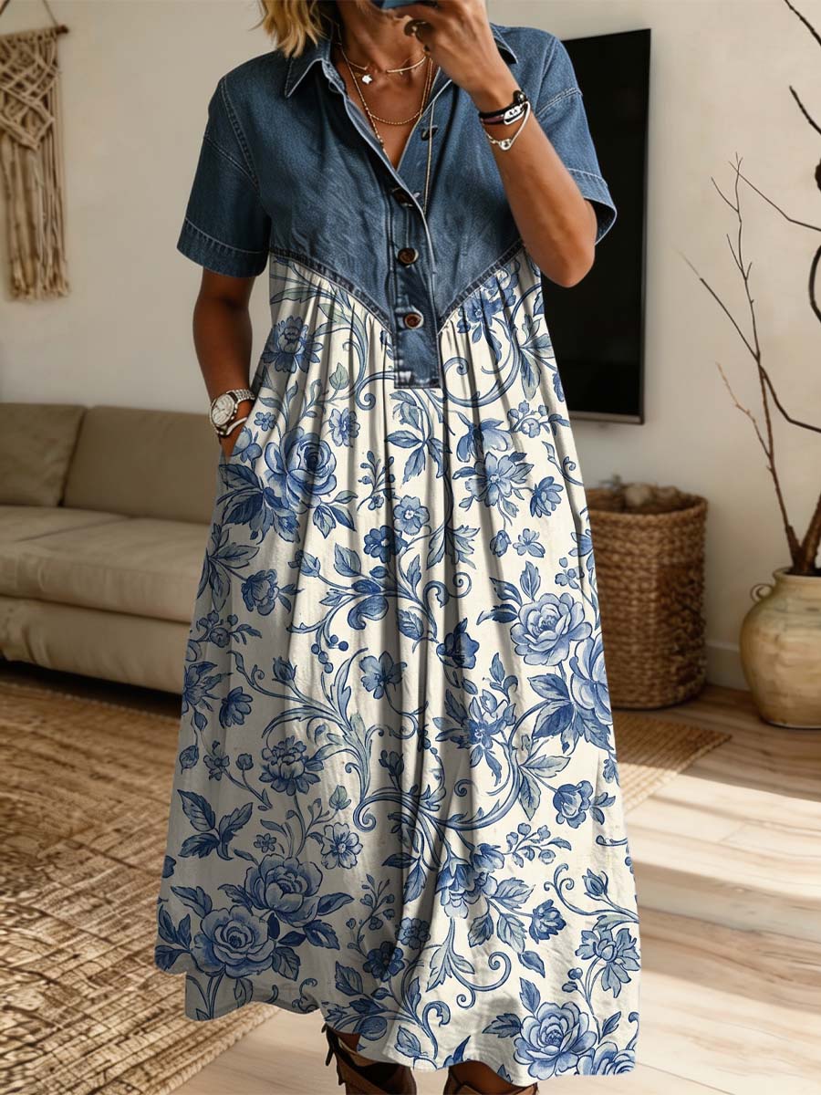 Vintage Floral Pattern Art Print Casual Stylish Lapel Denim Patchwork Dress
