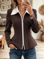 Women's Contrast Lapel Peplum Zip-Up Jacket