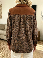 Women Leopard Corduroy Spliced Western Button‑Down Shirt With Pockets