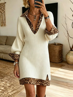 Women Solid V-Neck Knit Tunic Leopard Shirt Dress