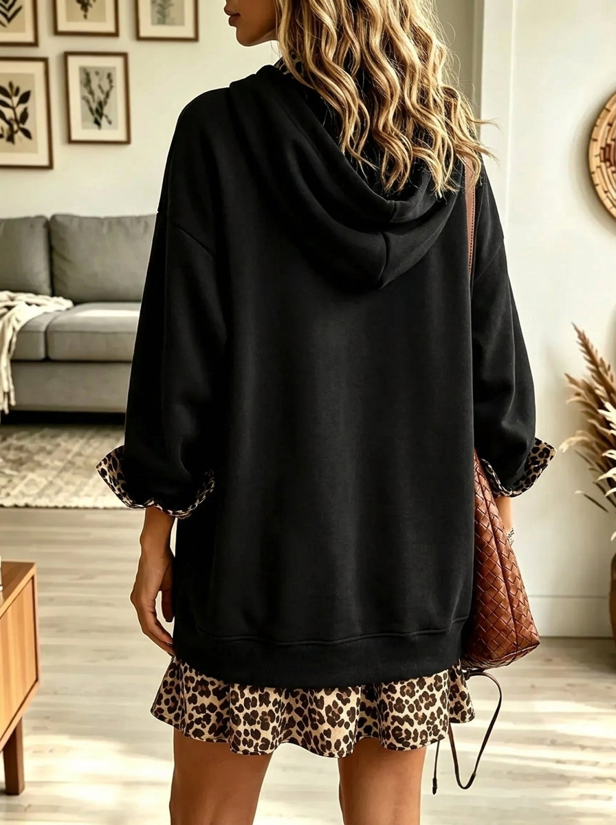 Women's Leopard Contrast Trim Oversized Sweatshirt Dress