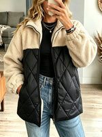 Women's Color Block Sherpa Quilted Jacket, Zip Up Stand Collar Fleece Spliced Outerwear