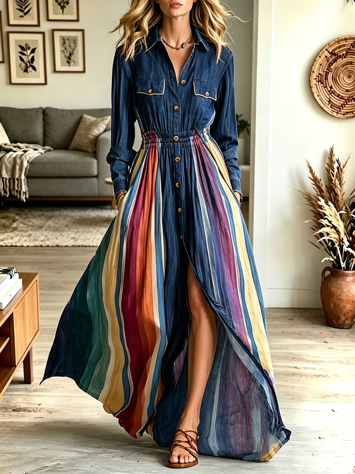 Women's Boho Striped Shirt Maxi Dress, Lapel 3/4 Sleeve Button Front Flowy Long Dress