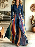 Women's Boho Striped Shirt Maxi Dress, Lapel 3/4 Sleeve Button Front Flowy Long Dress