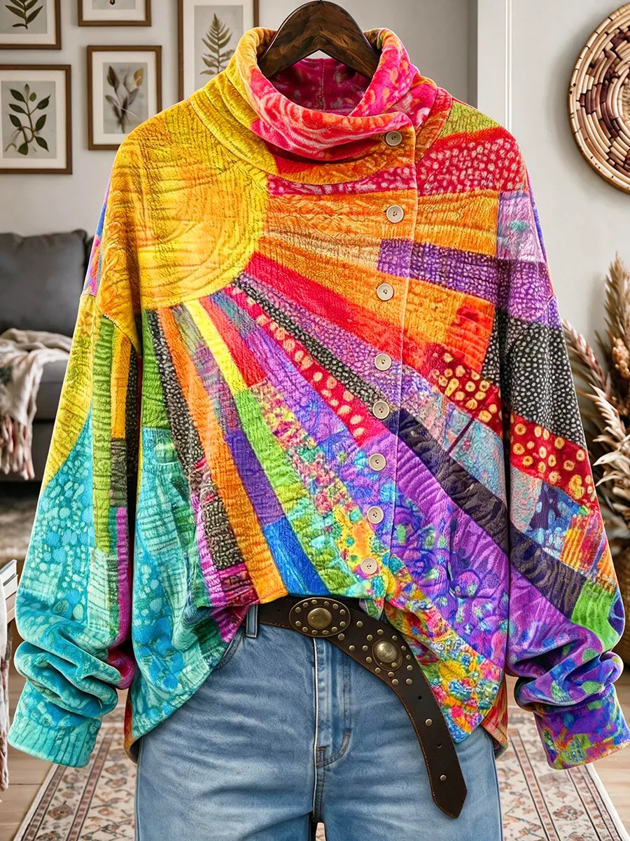 Women's Rainbow Abstract Geometric Print Long-Sleeve Cardigan Top