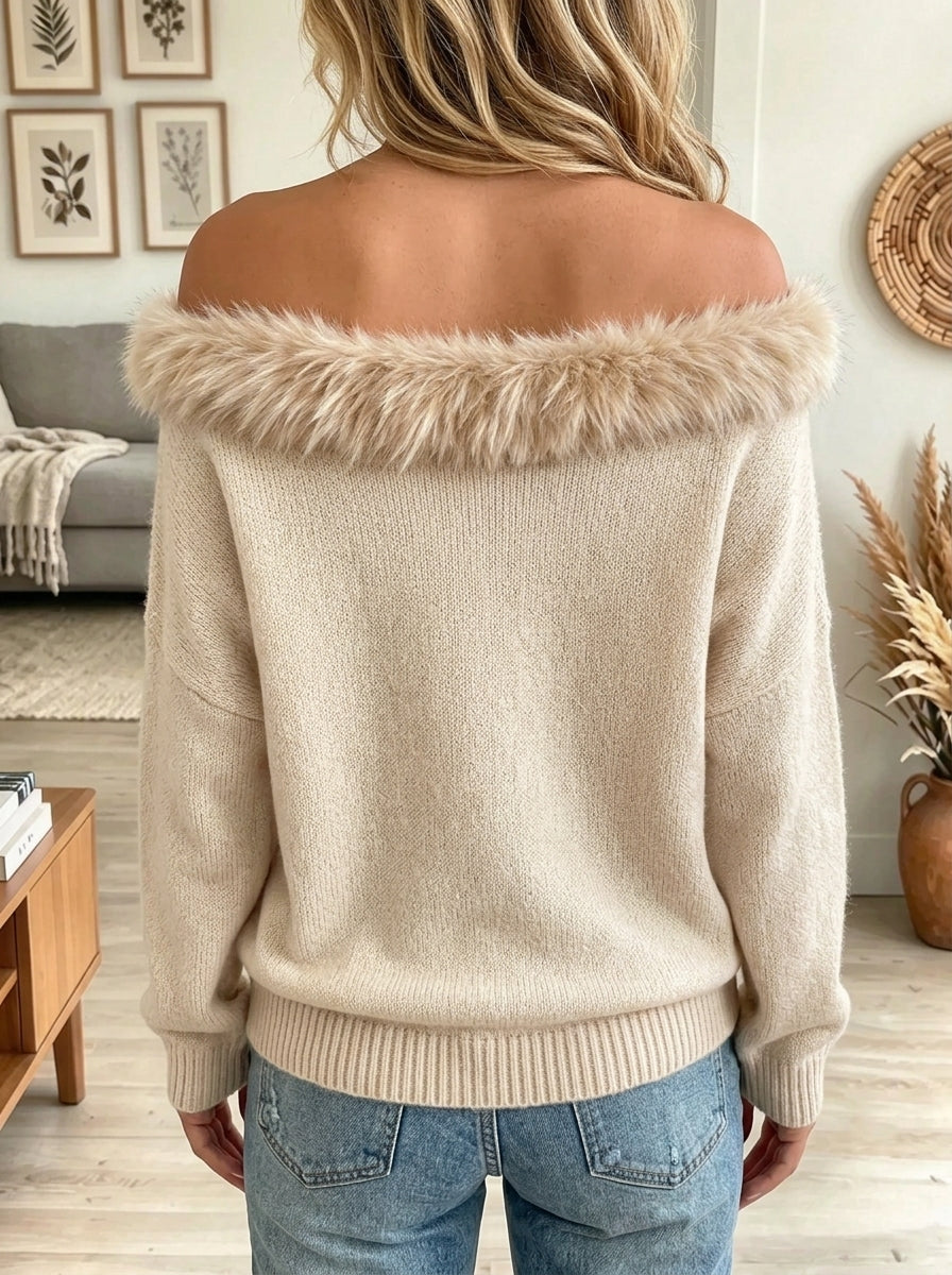 Women's Faux Fur Off-the-Shoulder Knit Sweater