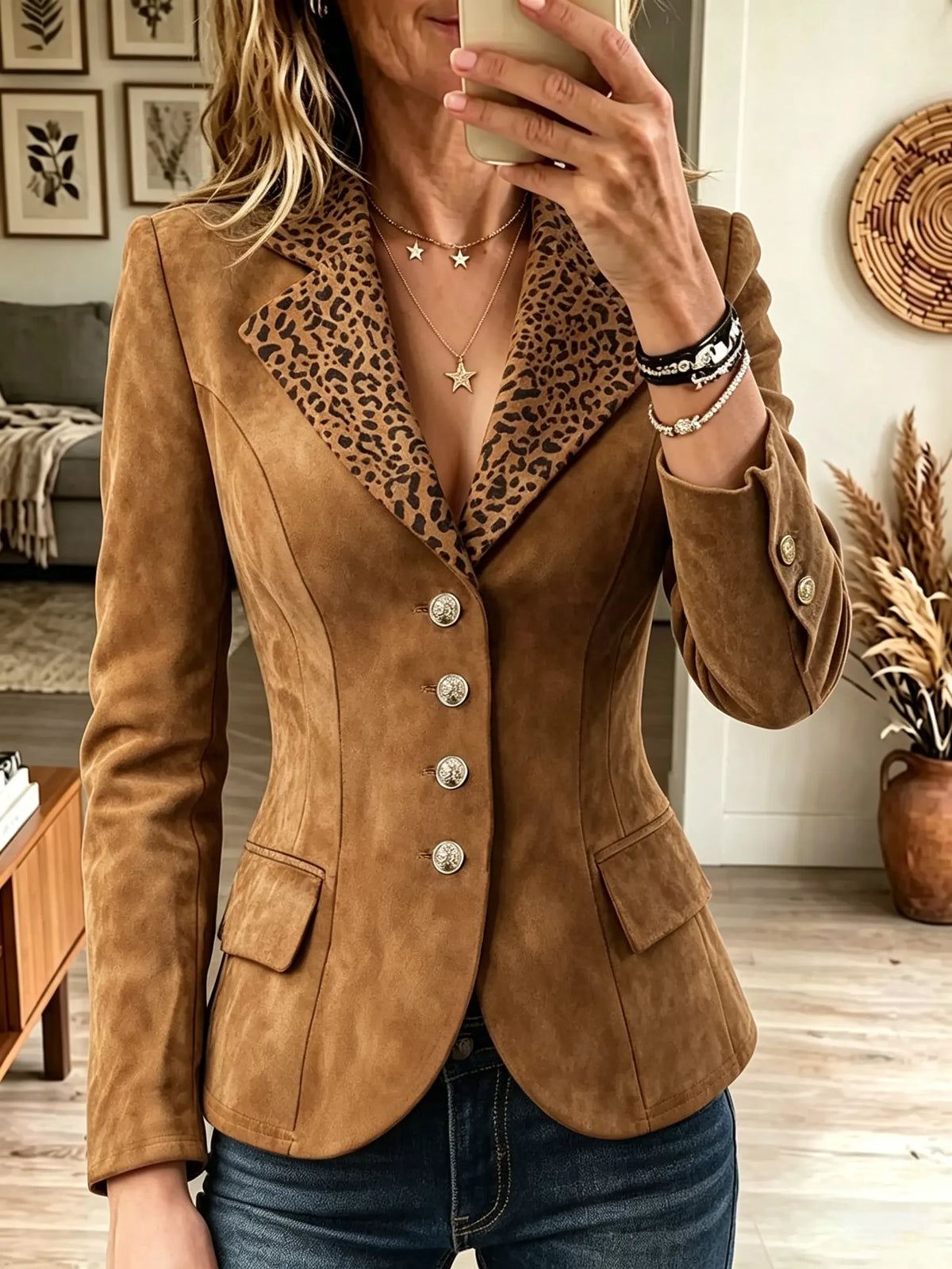 Women's Leopard Lapel Suede Tailored Blazer