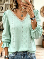 Women's Eyelet Lace Trim V-Neck Blouse
