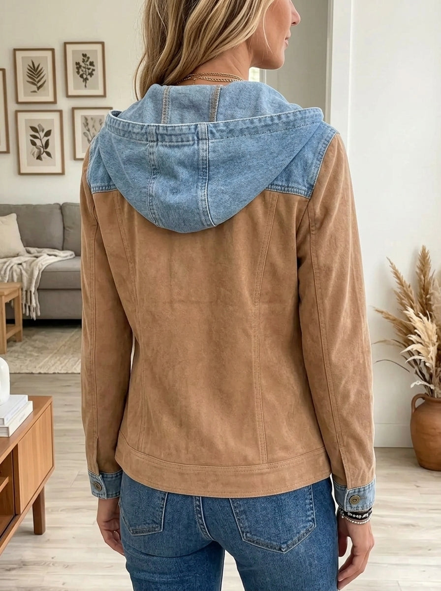 Women's Denim Contrast Hooded Suede Jacket
