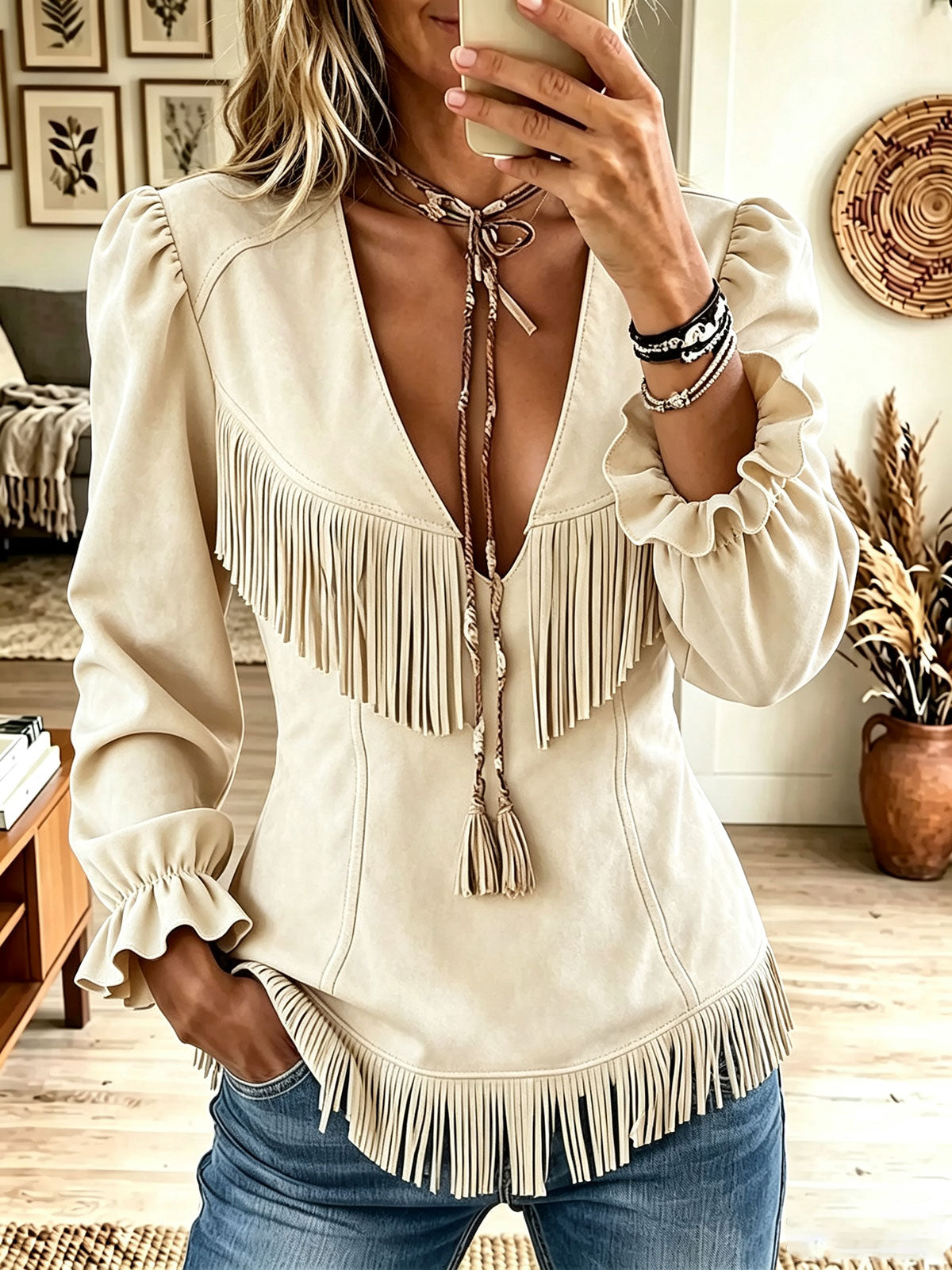 Women Western Faux Suede Fringe V Neck Tie Ruffle Long Sleeve Top