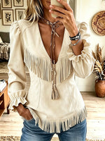 Women Western Faux Suede Fringe V Neck Tie Ruffle Long Sleeve Top