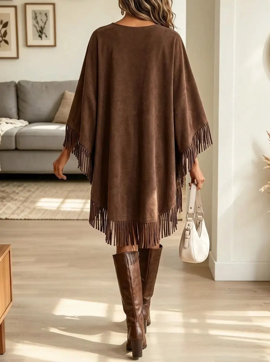 Women's Fringe Hem V-Neck Faux Suede Poncho Dress