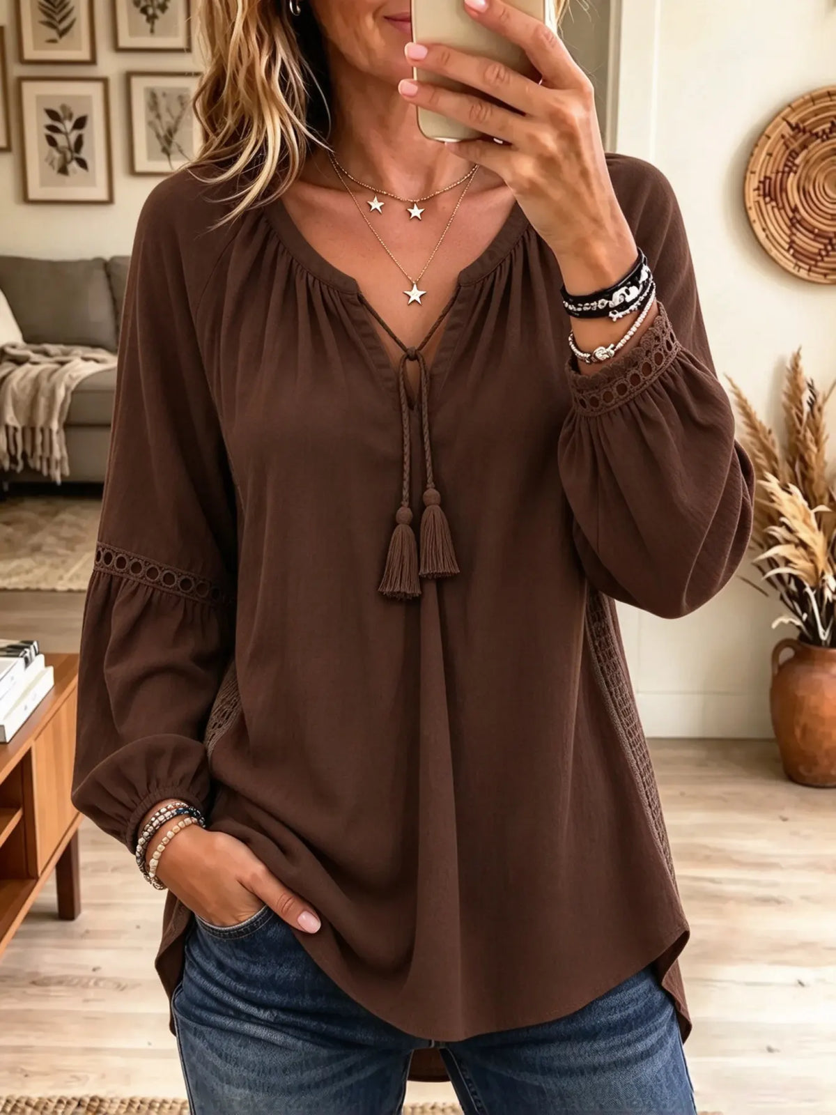 Women's Tassel Tie Split V-Neck Gauze Blouse
