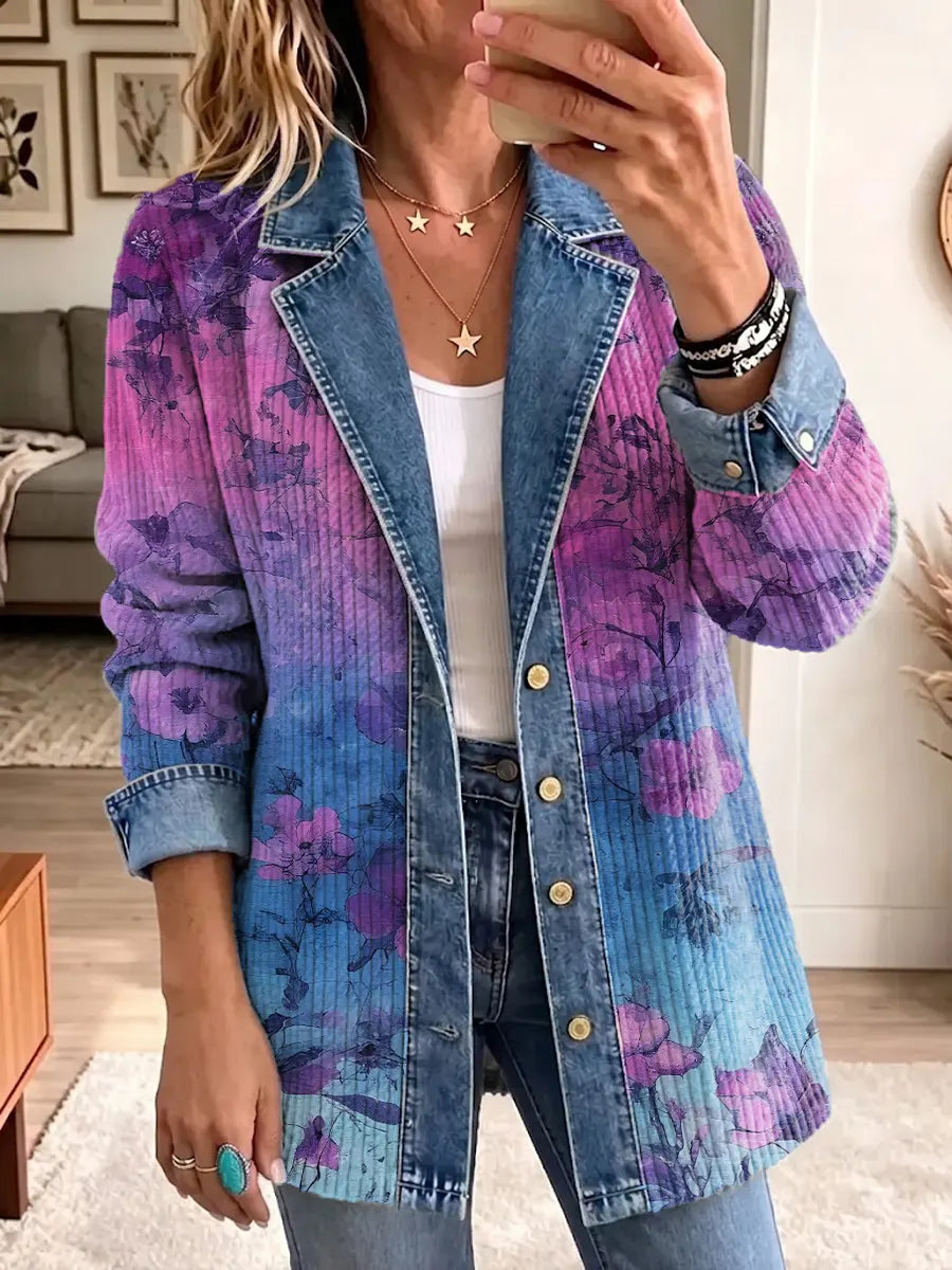 Retro Floral Pattern Art Casual Denim Patchwork Stylish Long Sleeve Coat