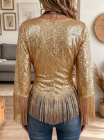 Women Sequin V Neck Fringe Bell Sleeve Top, Waist Cinched Party Blouse