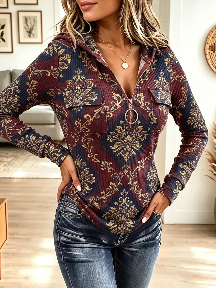 Vintage Floral Pattern Zip Art Casual Stylish Hooded Long Sleeve Top