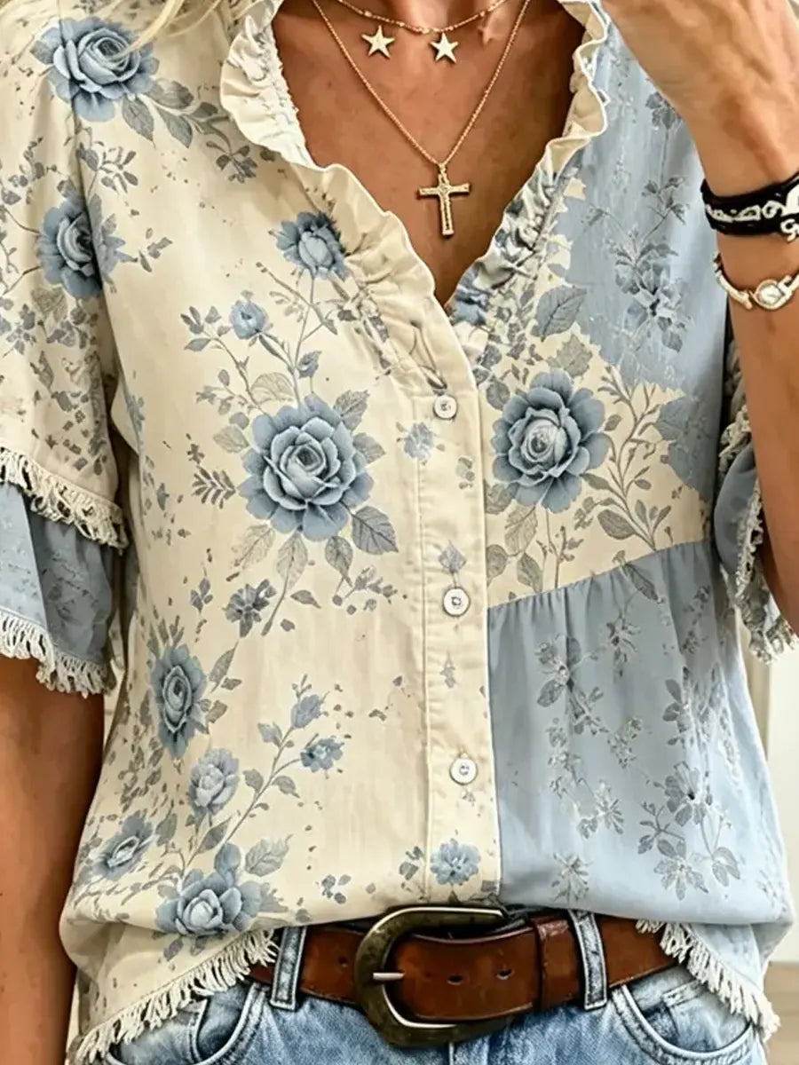 Retro Floral Art Print Casual Stylish Ruffle Short Sleeve Cotton Linen Shirt