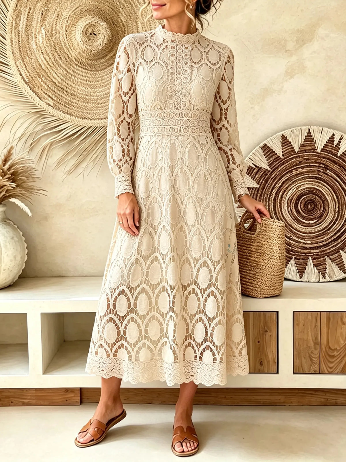 Women's Solid Hollow Lace Long Sleeve Midi Dress