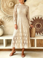 Women's Solid Hollow Lace Long Sleeve Midi Dress