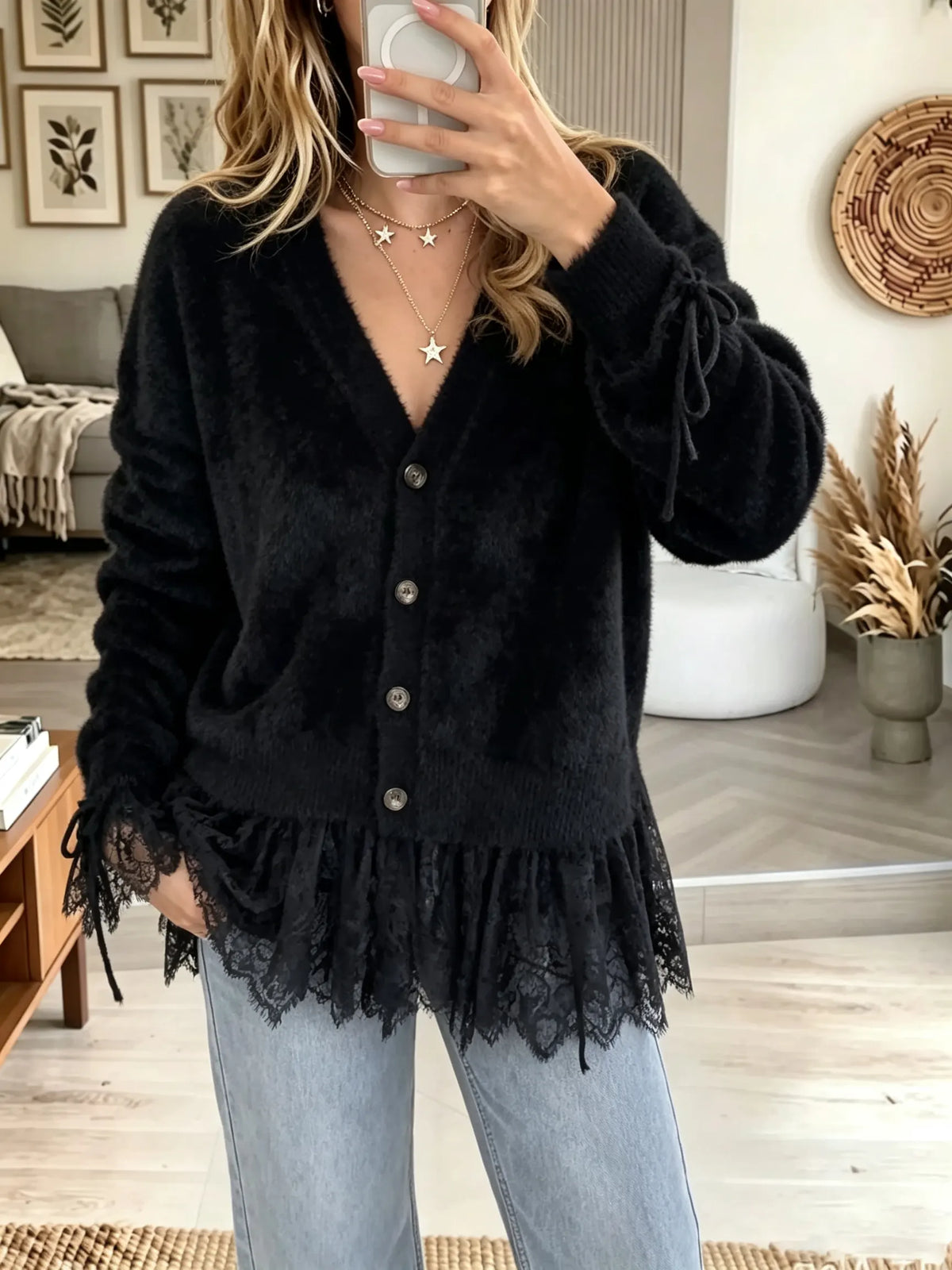 Women's Lace Trim Tie-Sleeve Buttoned Cardigan