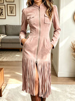 Women Western Faux Suede Zip Front Fringe Midi Dress