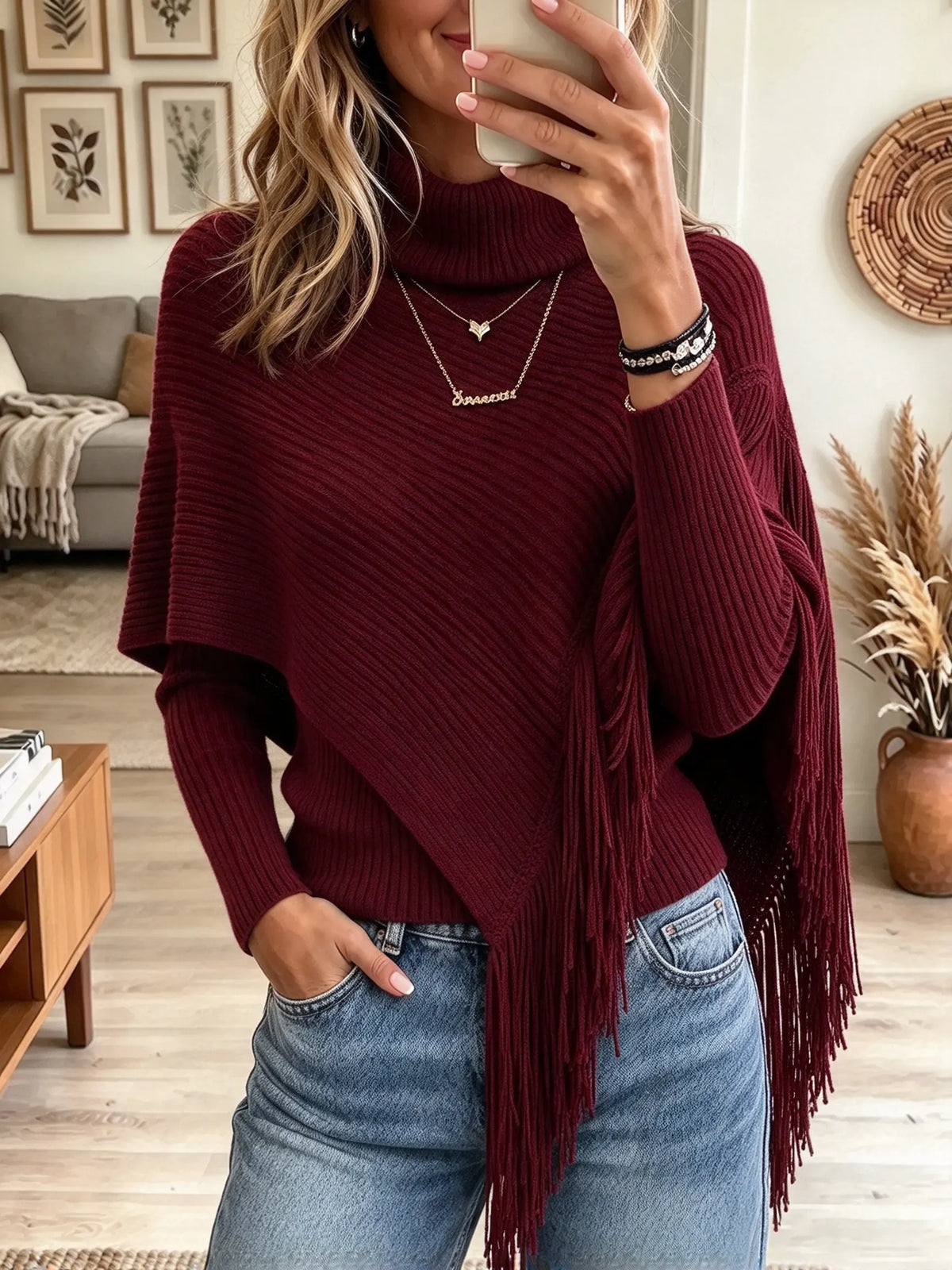 Women's Turtleneck Fringe Trim Ribbed Knit Poncho