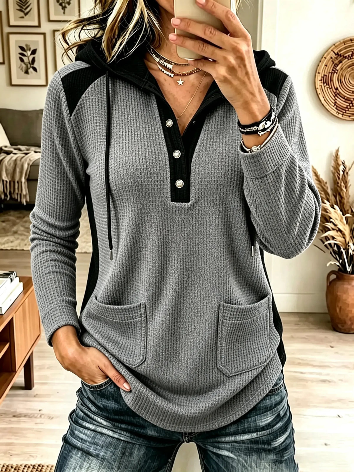 Women's Colorblock Button Henley Waffle Hoodie