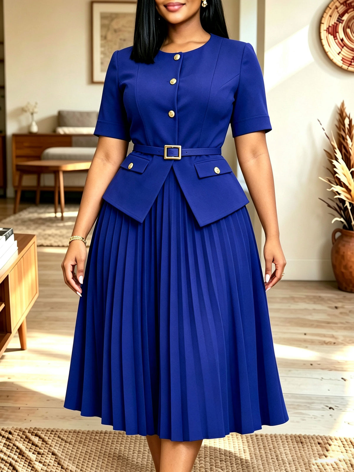 Women Burgundy Gold‑button Belted Pleated Midi Two‑piece Dress Set