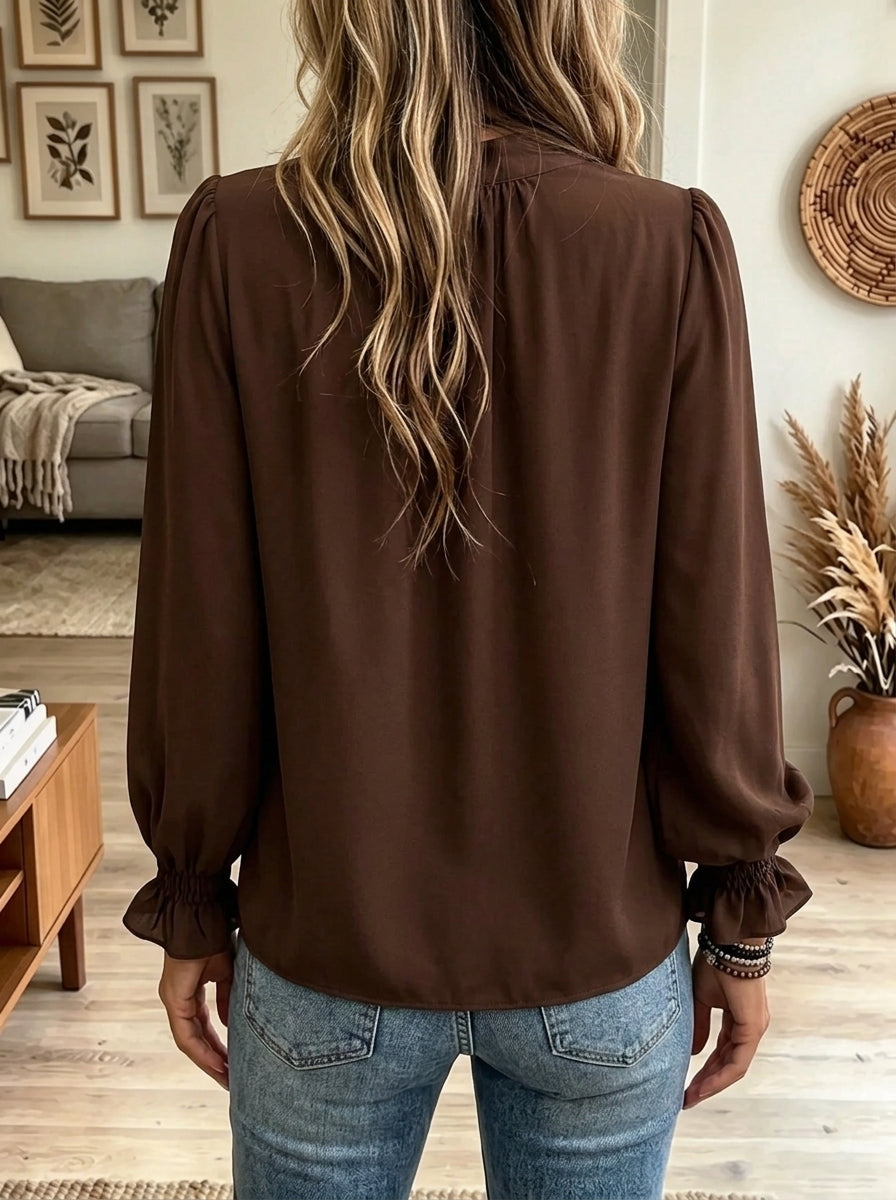 Women's Draped Cowl Neck Ruffle Cuff Blouse