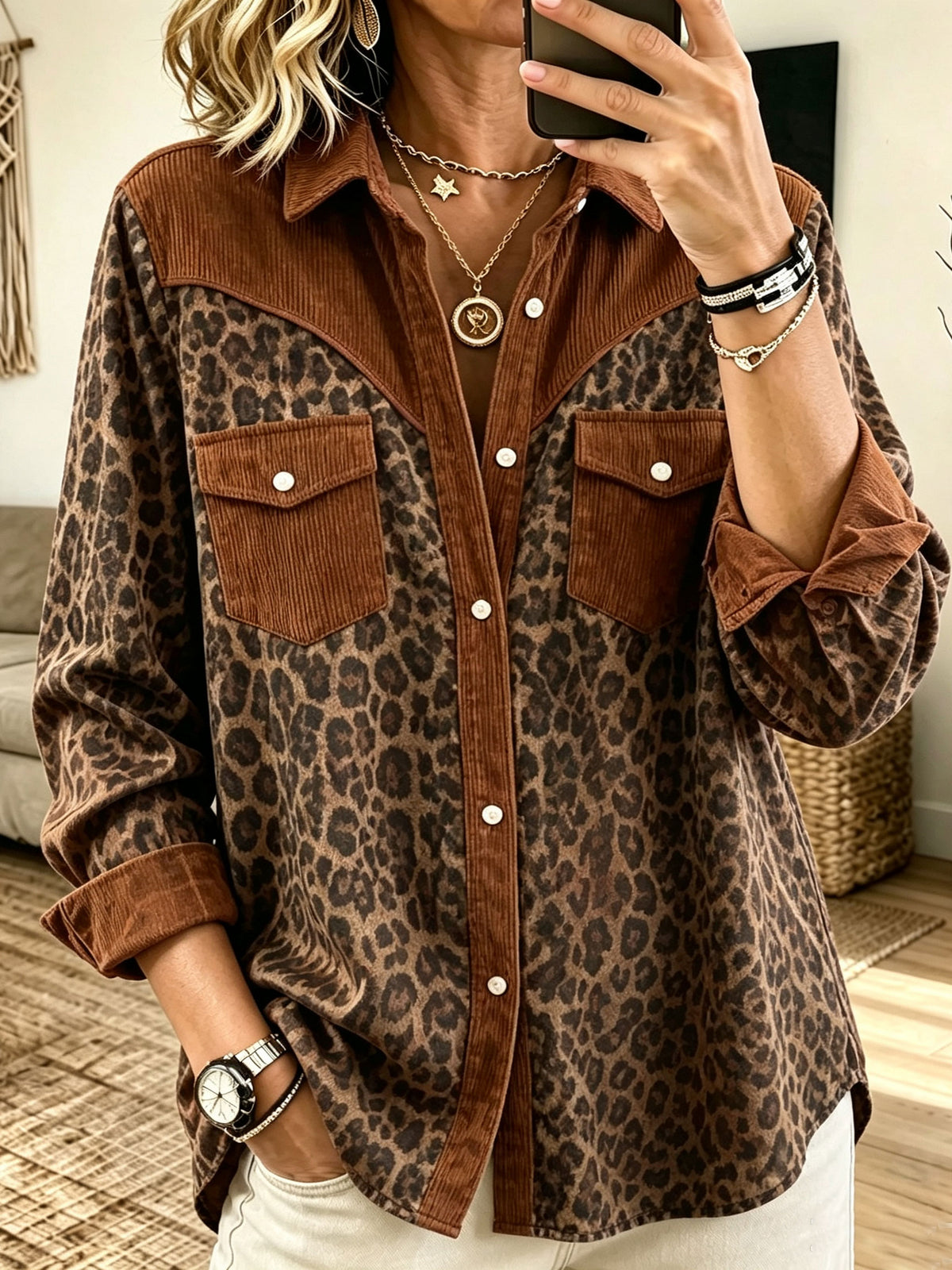 Women Leopard Corduroy Spliced Western Button‑Down Shirt With Pockets