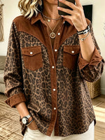 Women Leopard Corduroy Spliced Western Button‑Down Shirt With Pockets
