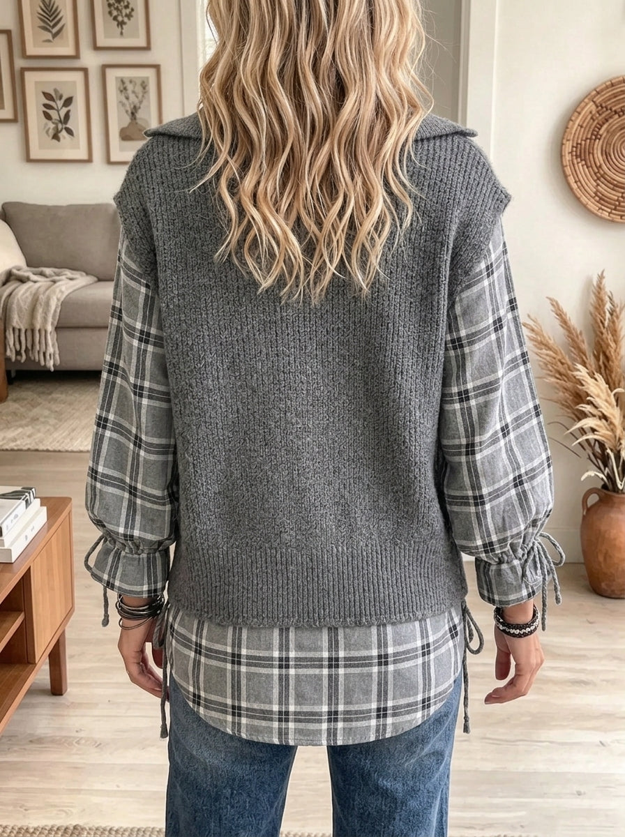 Women's Plaid Shirt and Knit Vest Fake Two-Piece Top