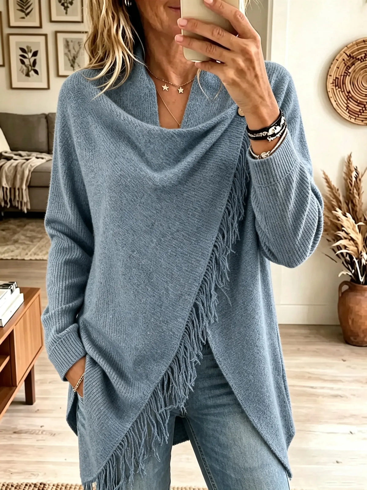 Women's Asymmetrical Fringe Wrap Knit Poncho Sweater