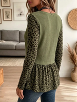 Vintage Elegant Leopard-print Patchwork Waffle Knit Thanksgiving Tunic Top