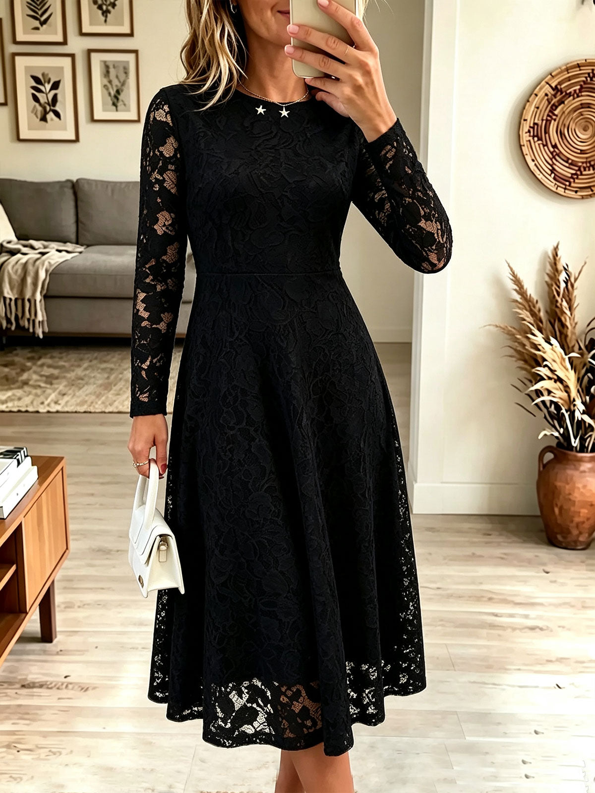 Women's Long Sleeve Full Lace Midi Dress, Round Neck A-Line Flowy Party Dress