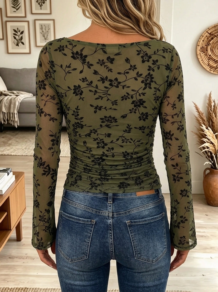 Women's Floral Print Ruched Mesh Top