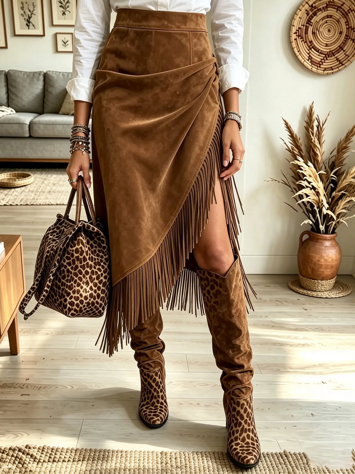 Women's Asymmetrical Fringe Hem Suede Wrap Skirt