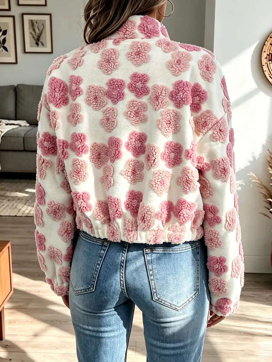 Retro Fuzzy Warm Floral Pattern Zip Art Casual Stylish Long Sleeve Coat