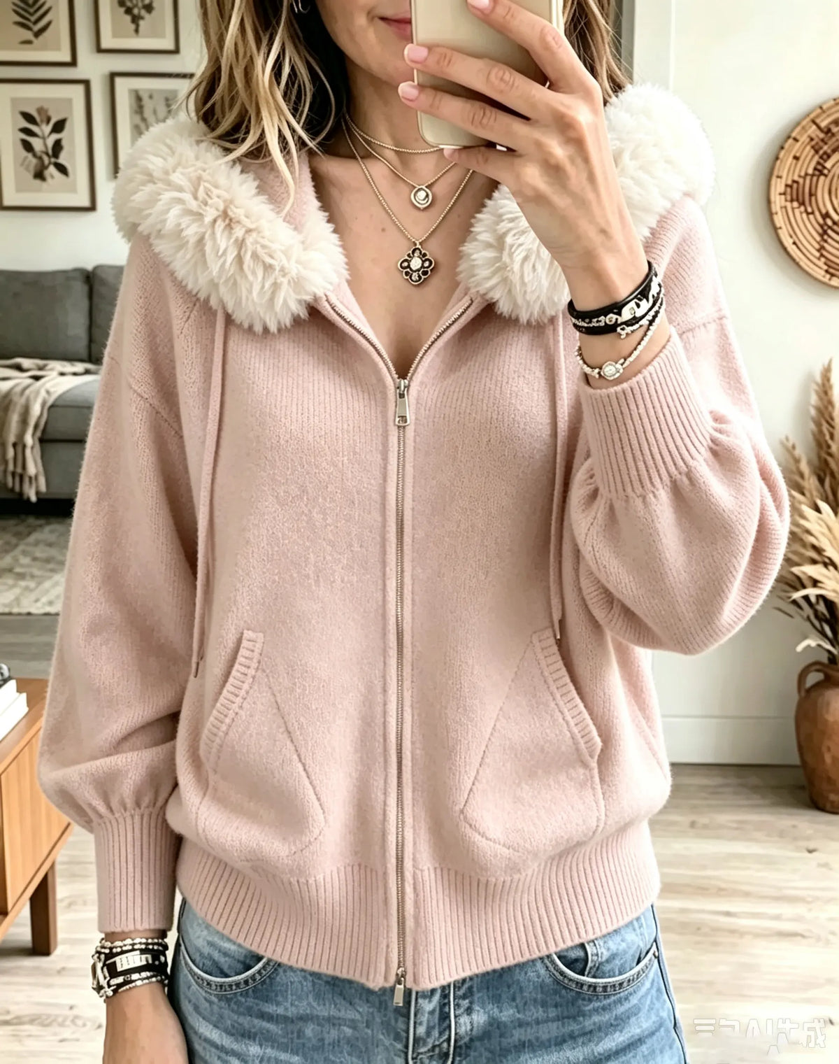 Women's Faux Fur Hooded Full-Zip Knit Cardigan