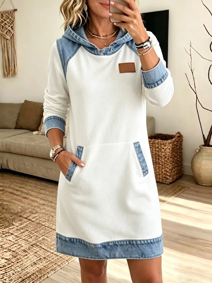Retro Hooded Denim Patchwork Art Casual Stylish Long Sleeve Sweatshirt Dress