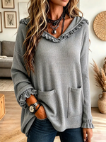 Vintage Elegant Waffle Knit Ruffled Pockets Hoodie Shirt
