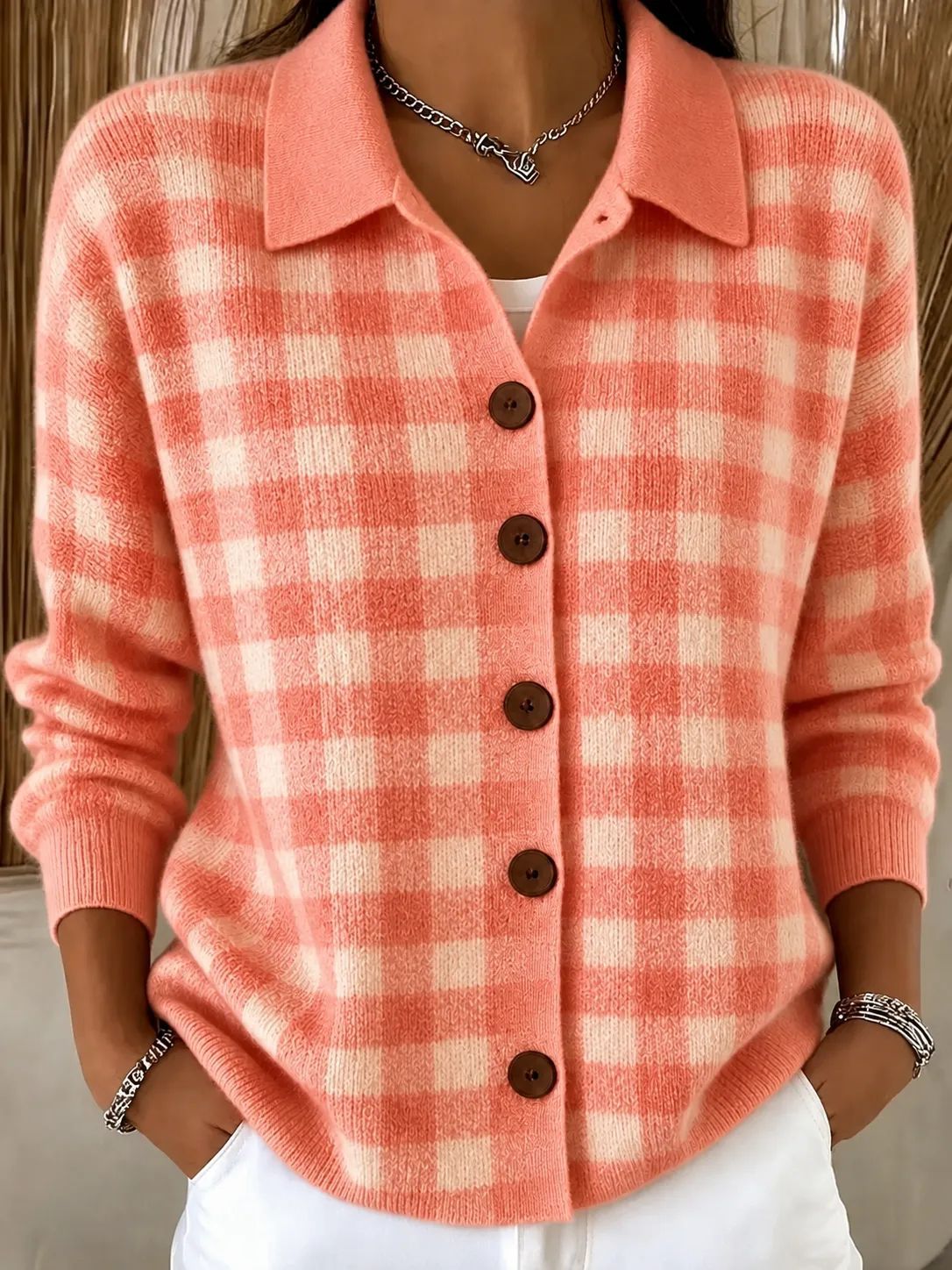 Women Light Blue Gingham Collared Button Knit Cardigan