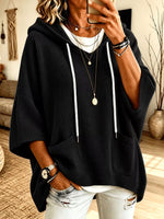 Women Waffle Knit Half‑Sleeve Hooded Oversized Top With Pockets