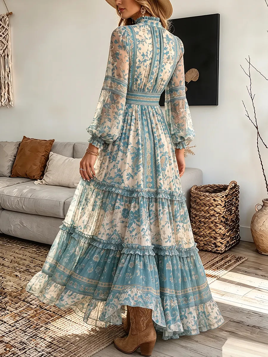 Vintage Elegant Chiffon Floral Ruffles Dress
