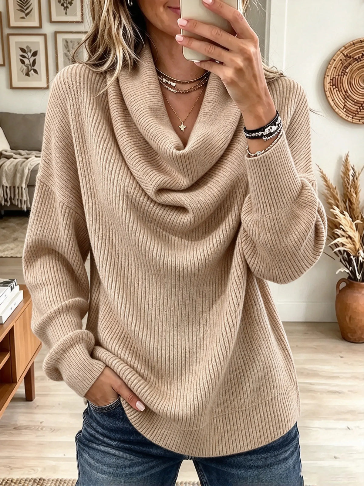 Women's Slouchy Draped Cowl Neck Ribbed Sweate