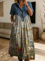 Women’s Denim Collar Vintage Bird Floral Print Spliced Midi Shirt Dress