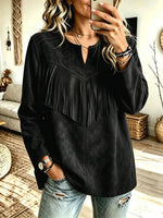 Retro Western Fringe Patchwork Art Casual Stylish Long Sleeve Suede Top