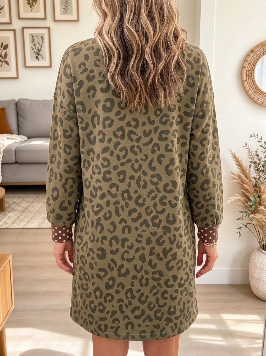 Women's Leopard Polka Dot Half-Zip Sweatshirt Dress