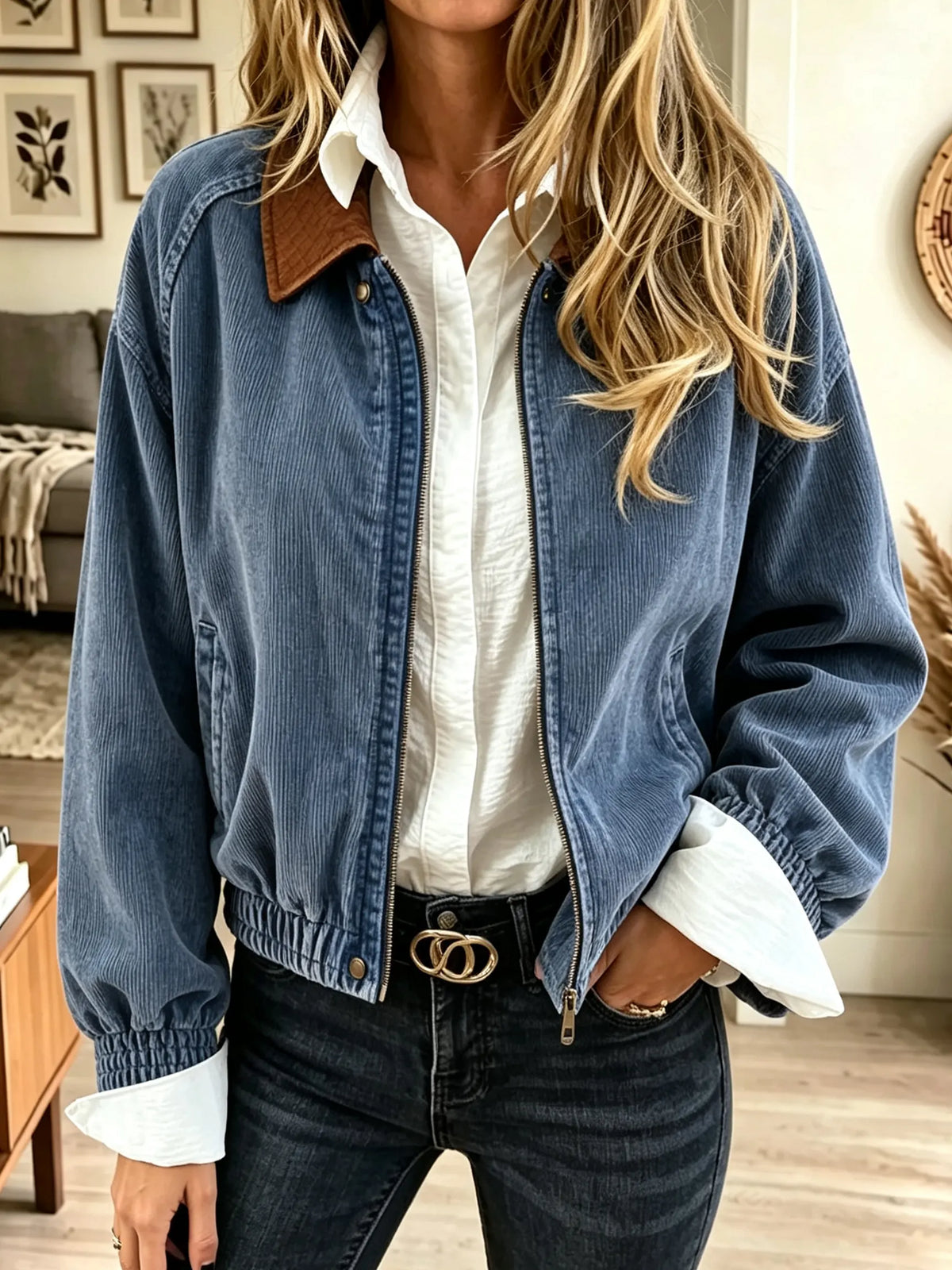 Women's Contrast Collar Zip-Up Corduroy Bomber Jacket