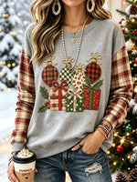 Women Christmas Gift Ornament Plaid Splice Crew Neck Sweatshirt